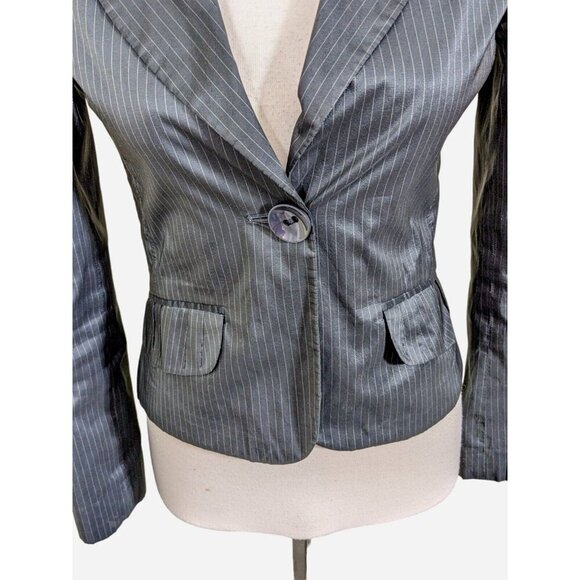 H&M One Button Blazer Womens 6 Gray Shiny Jacket Pinstripe Puff Sleeve Pockets - Picture 3 of 10